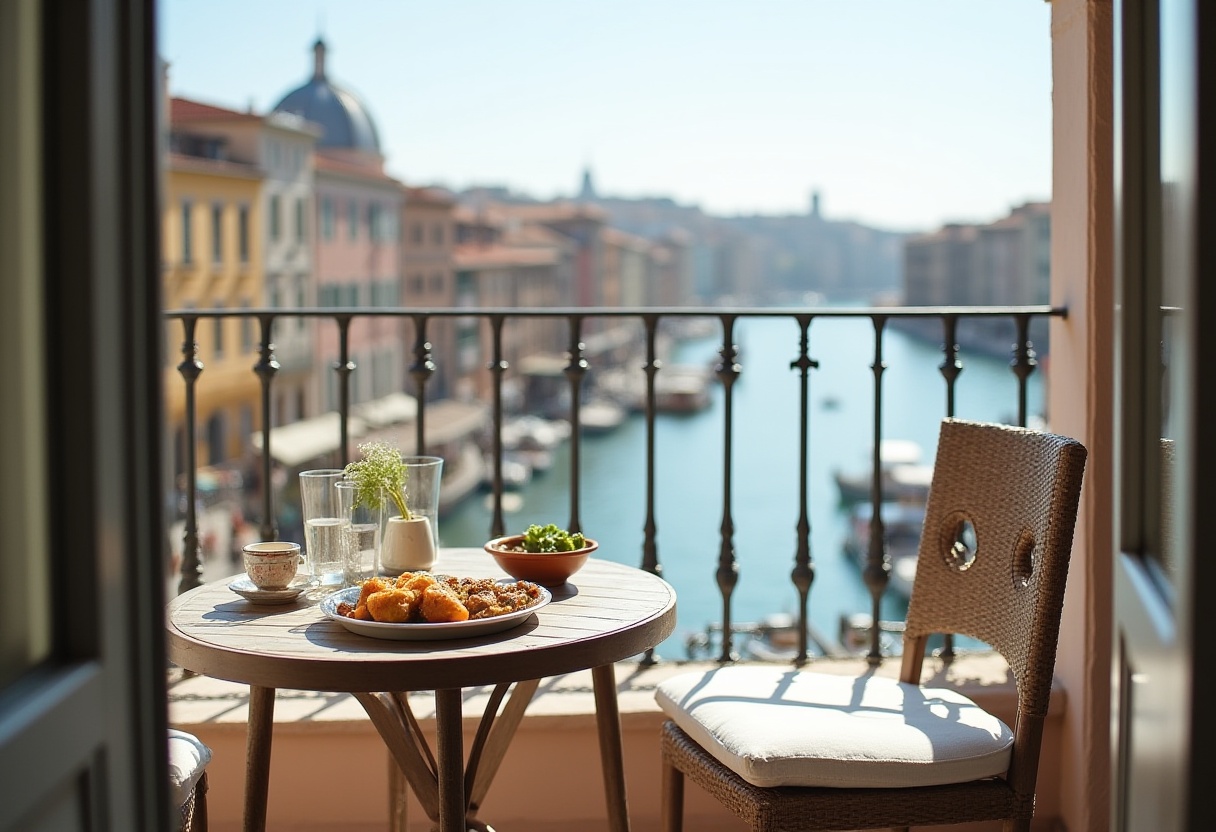 Breakfast on balcony overlooking coastal harbor view Breakfast on balcony overlooking coastal harbor view