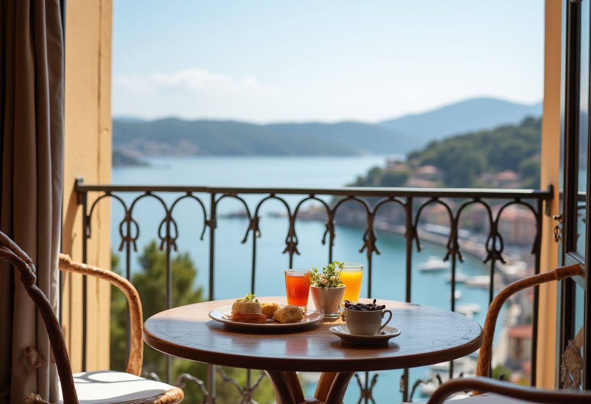Breakfast at a seaside balcony overlooking the bay Breakfast at a seaside balcony overlooking the bay