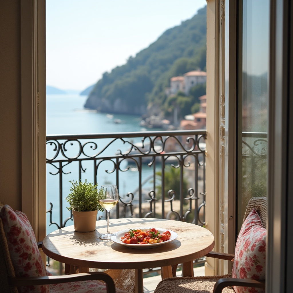 Enjoying a meal with a stunning seaside view in summer Enjoying a meal with a stunning seaside view in summer