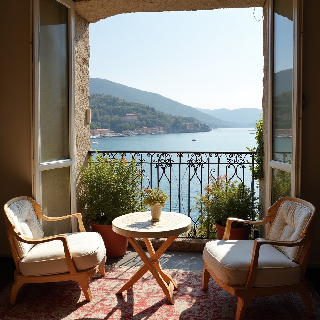 Cozy seating area overlooking water and mountains Cozy seating area overlooking water and mountains