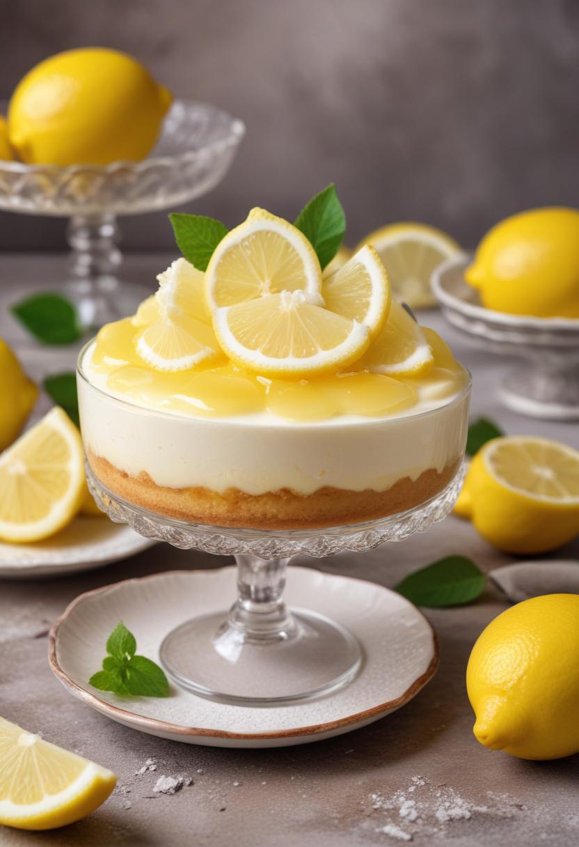 Lemon dessert on a glass dish with fresh lemons Lemon dessert on a glass dish with fresh lemons