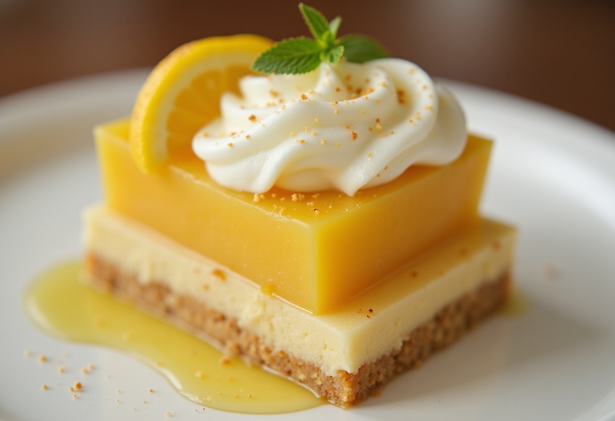 Delicious lemon dessert served with creamy topping Delicious lemon dessert served with creamy topping