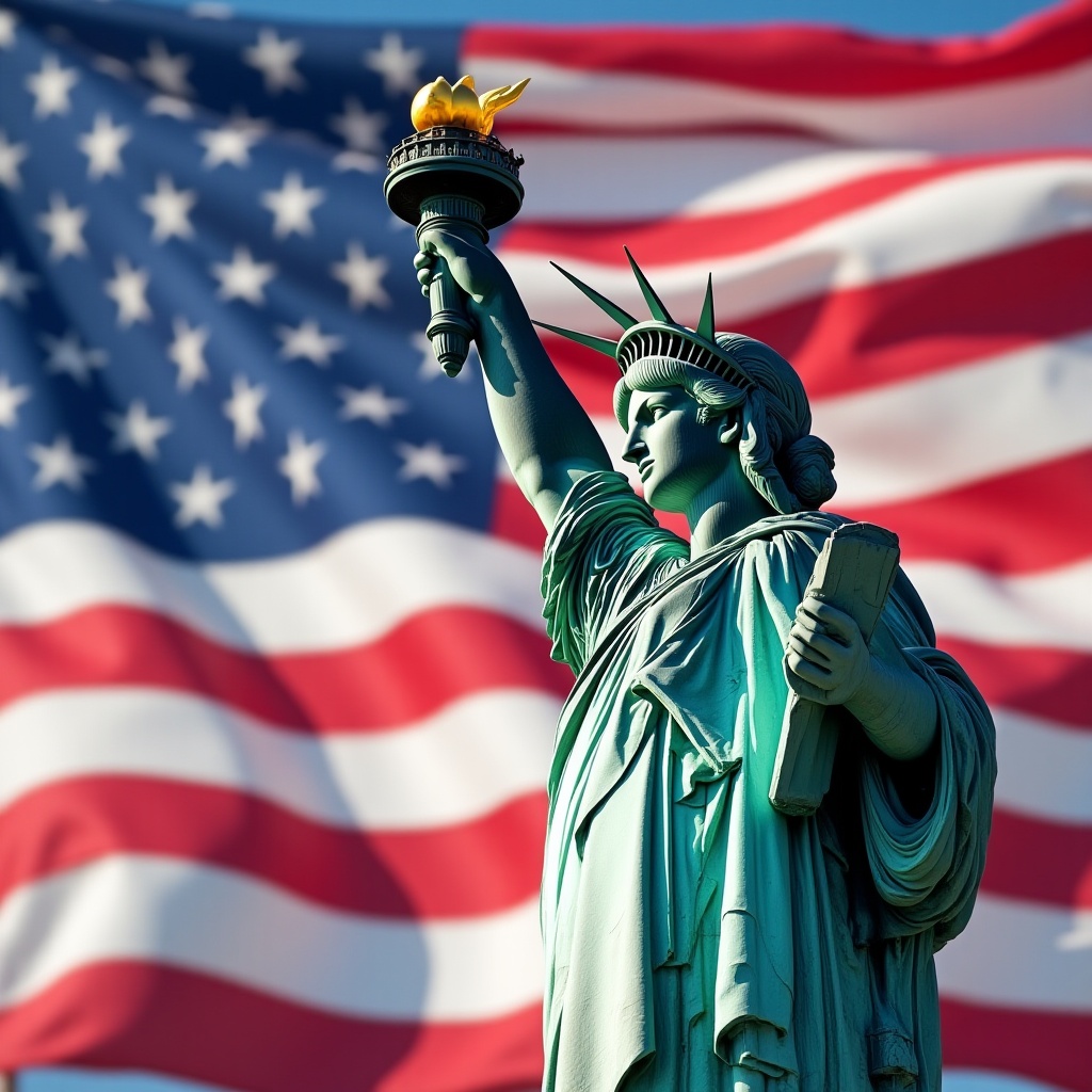 Statue of liberty against american flag backdrop Statue of liberty against american flag backdrop