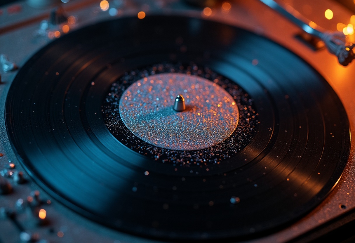 Vinyl record on turntable with sparkling dust at night Vinyl record on turntable with sparkling dust at night