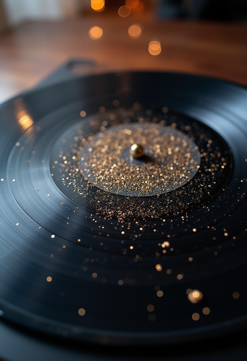 Vinyl record with glitter creating a mesmerizing pattern Vinyl record with glitter creating a mesmerizing pattern