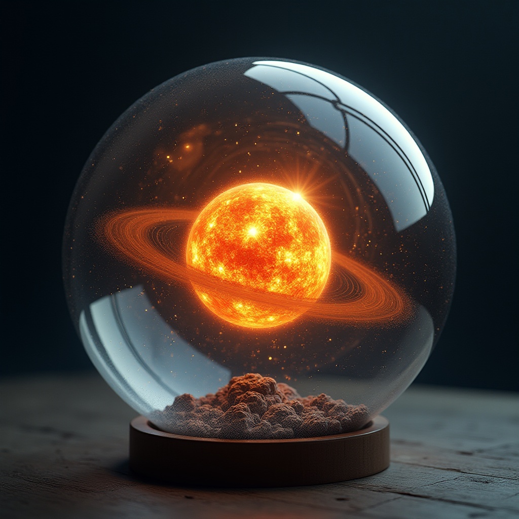 Glowing sun with saturn rings in a glass orb display Glowing sun with saturn rings in a glass orb display