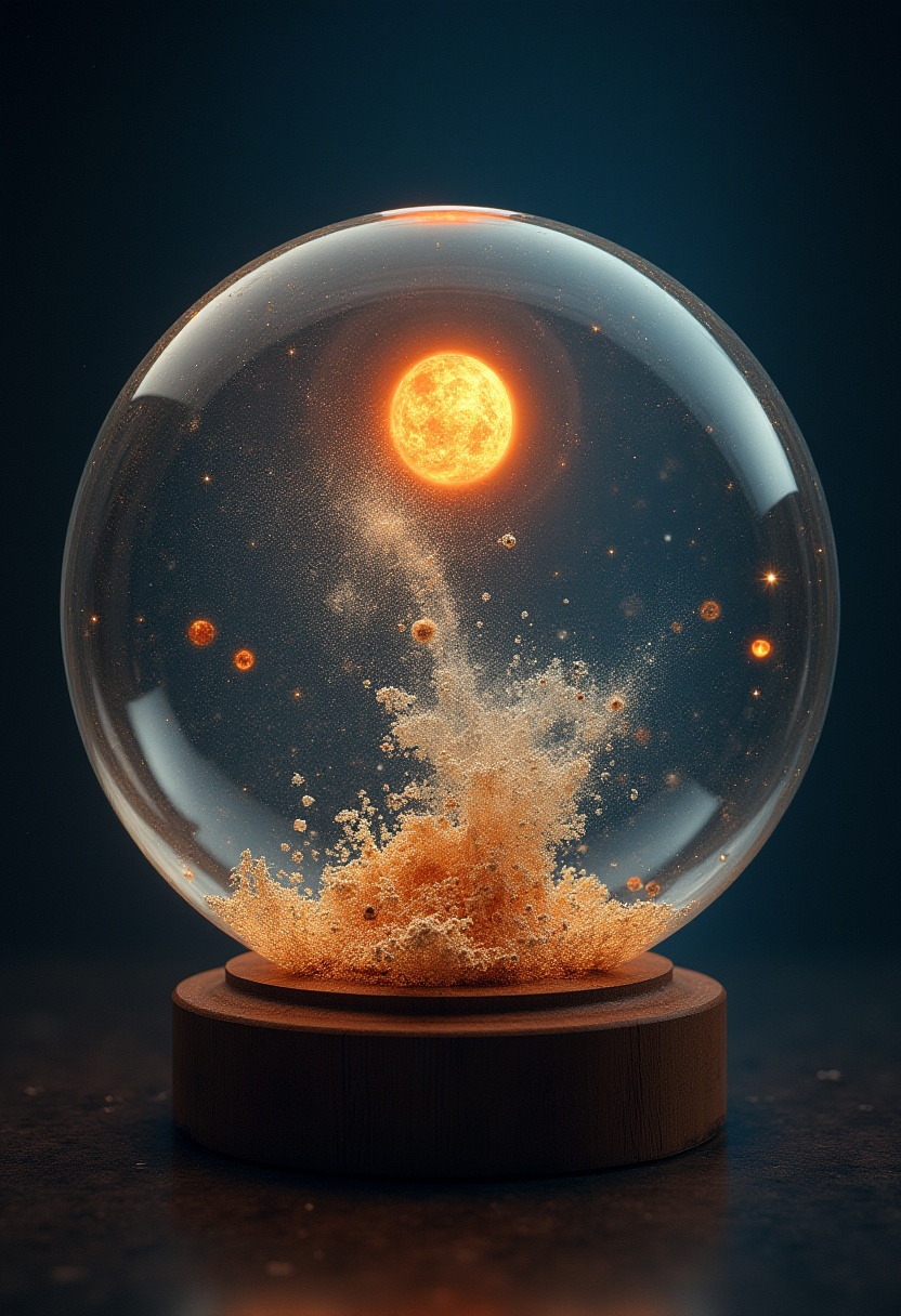 Creative globe with a glowing sun and swirling particles Creative globe with a glowing sun and swirling particles