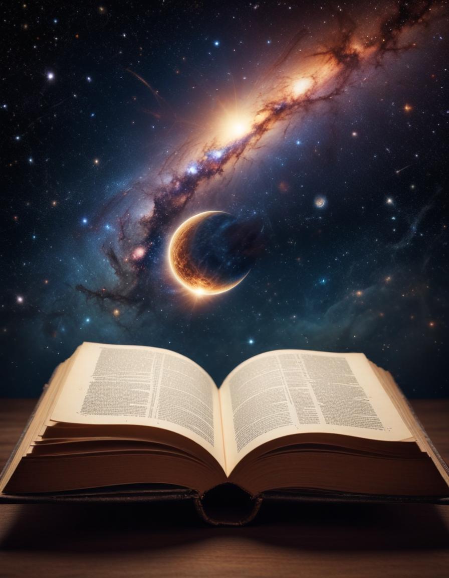 Cosmic journey through an open book revealing the universe Cosmic journey through an open book revealing the universe