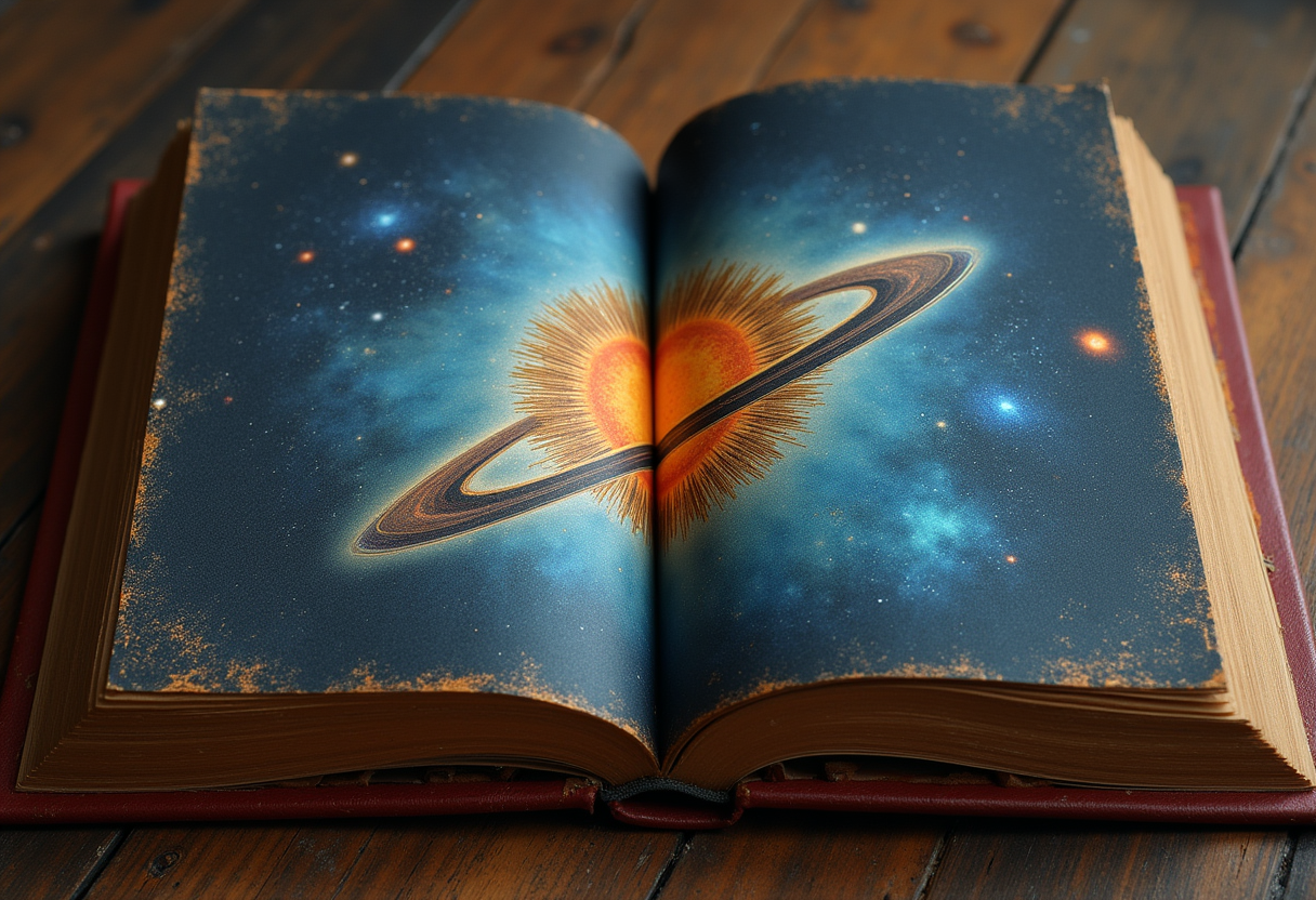 Cosmic heart within a magical book on wooden table Cosmic heart within a magical book on wooden table