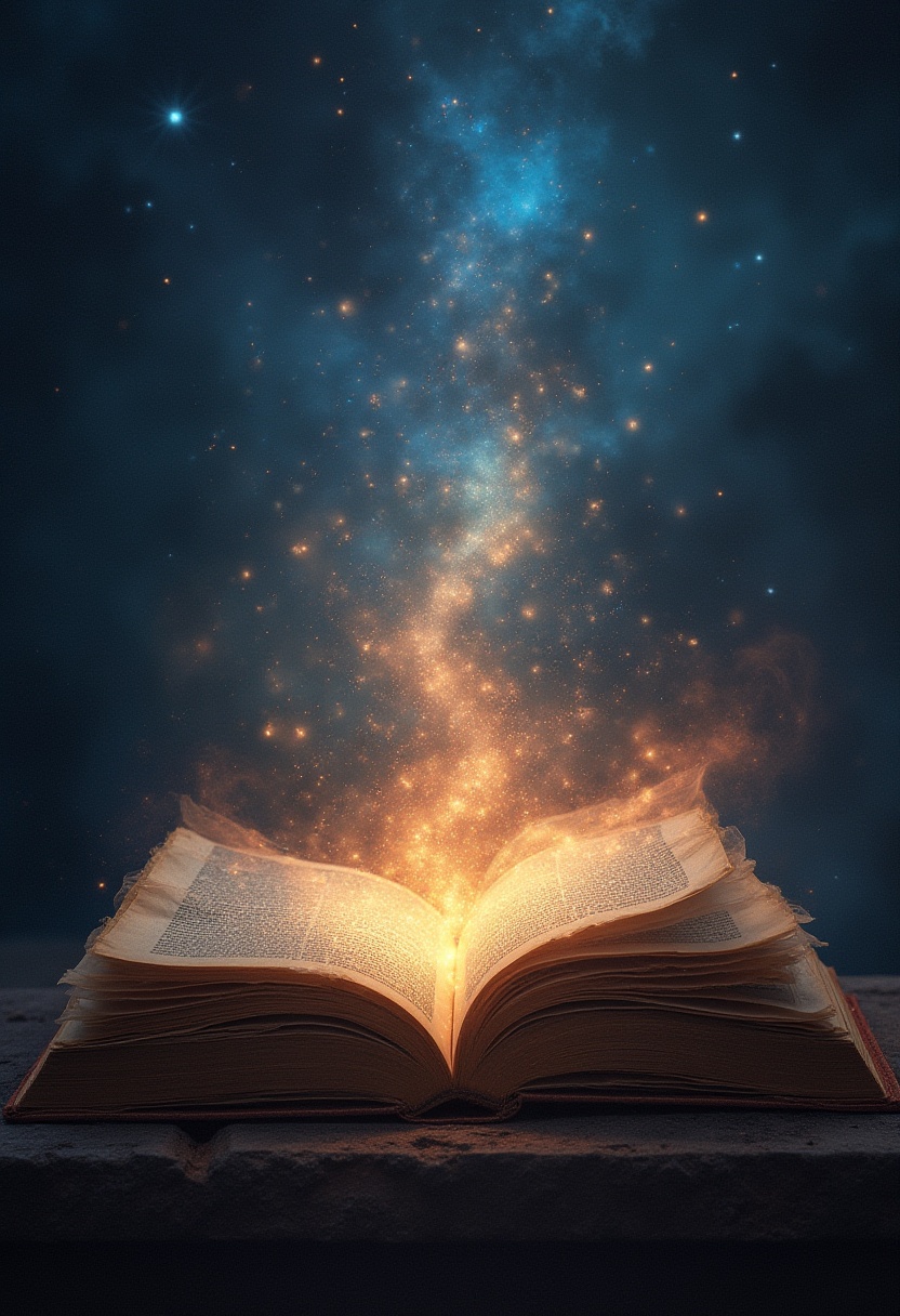 Magical book unleashes shimmering light in dark sky Magical book unleashes shimmering light in dark sky