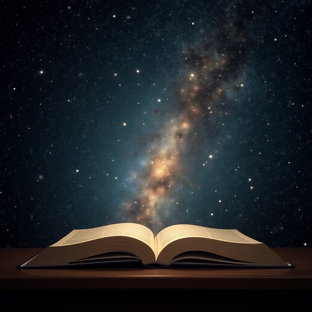 Open book revealing a galaxy in the night sky Open book revealing a galaxy in the night sky