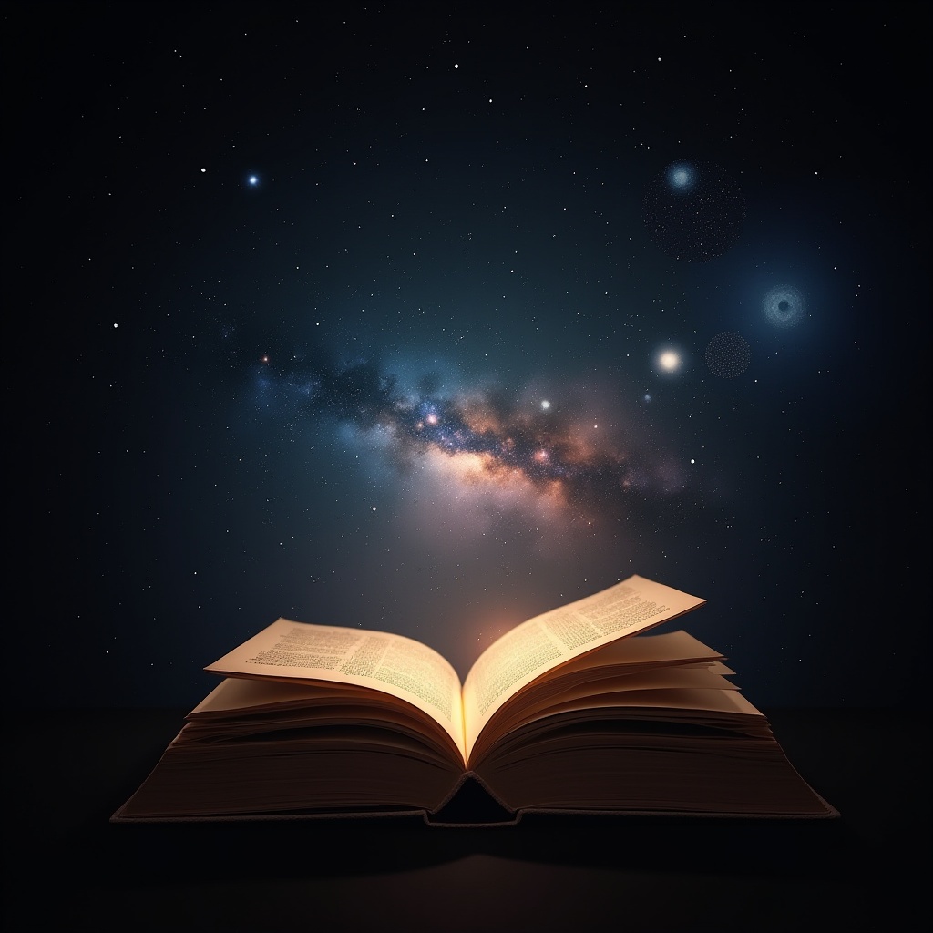 Open book displaying cosmic scene in dark background Open book displaying cosmic scene in dark background
