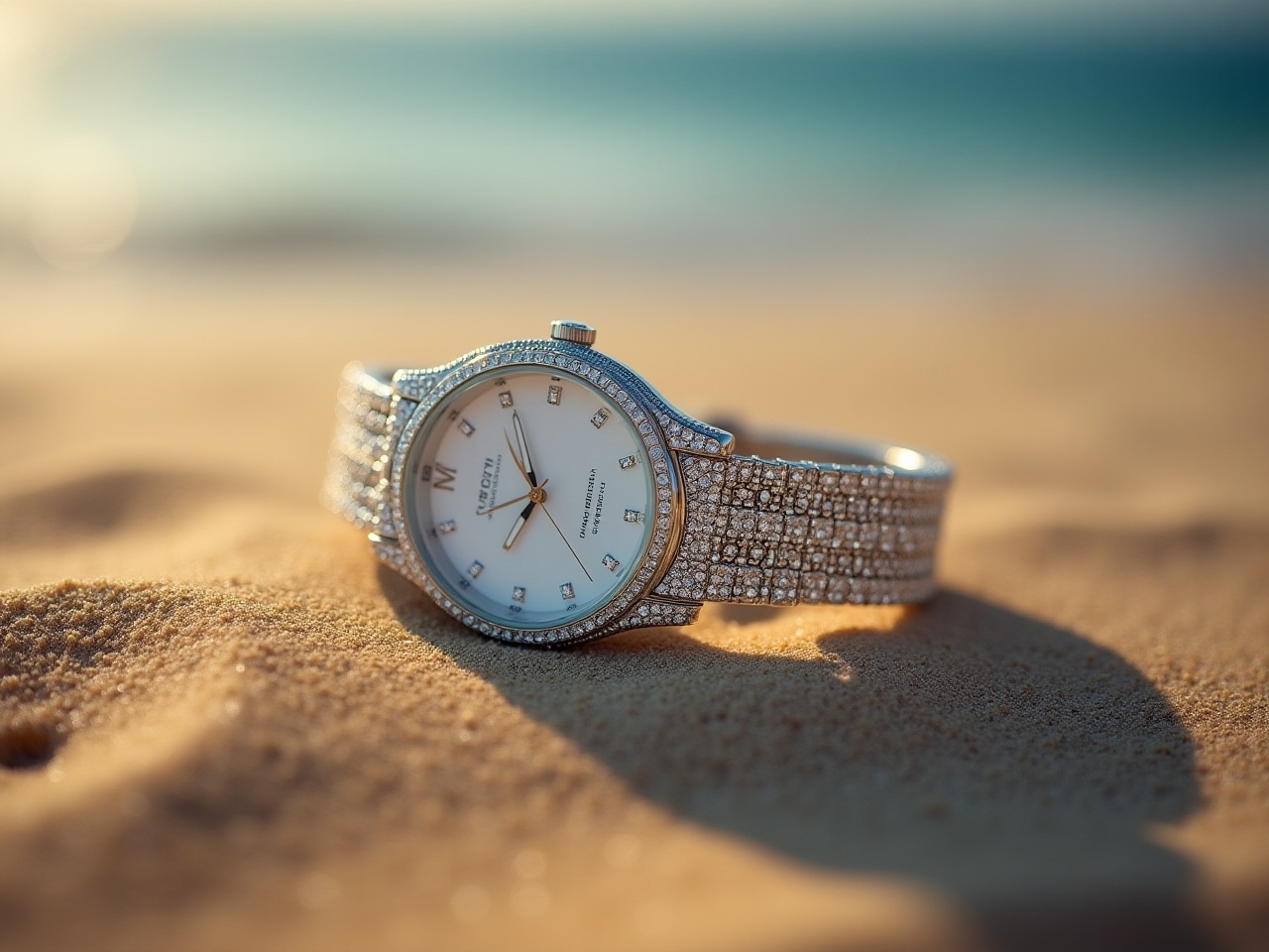 Elegant watch resting on sandy beach at sunset Elegant watch resting on sandy beach at sunset