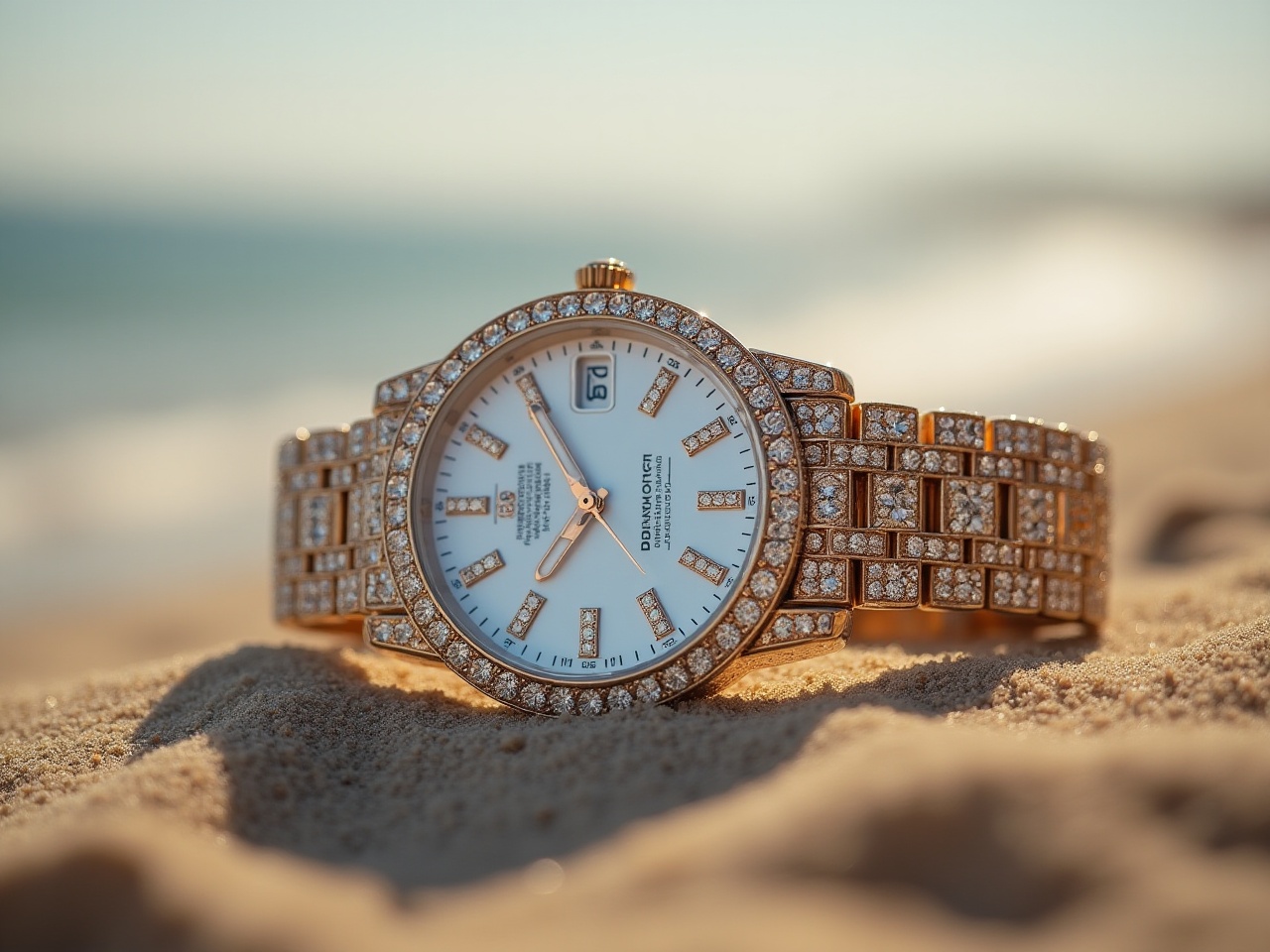 Luxury watch displayed on sandy beach during sunset Luxury watch displayed on sandy beach during sunset