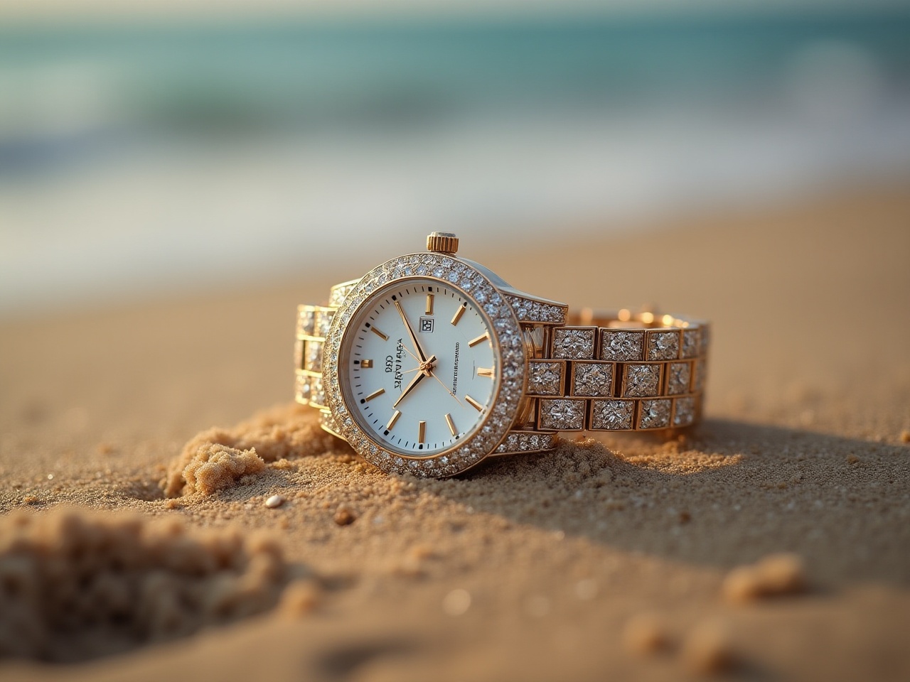 Luxury watch placed on sandy beach near ocean waves Luxury watch placed on sandy beach near ocean waves