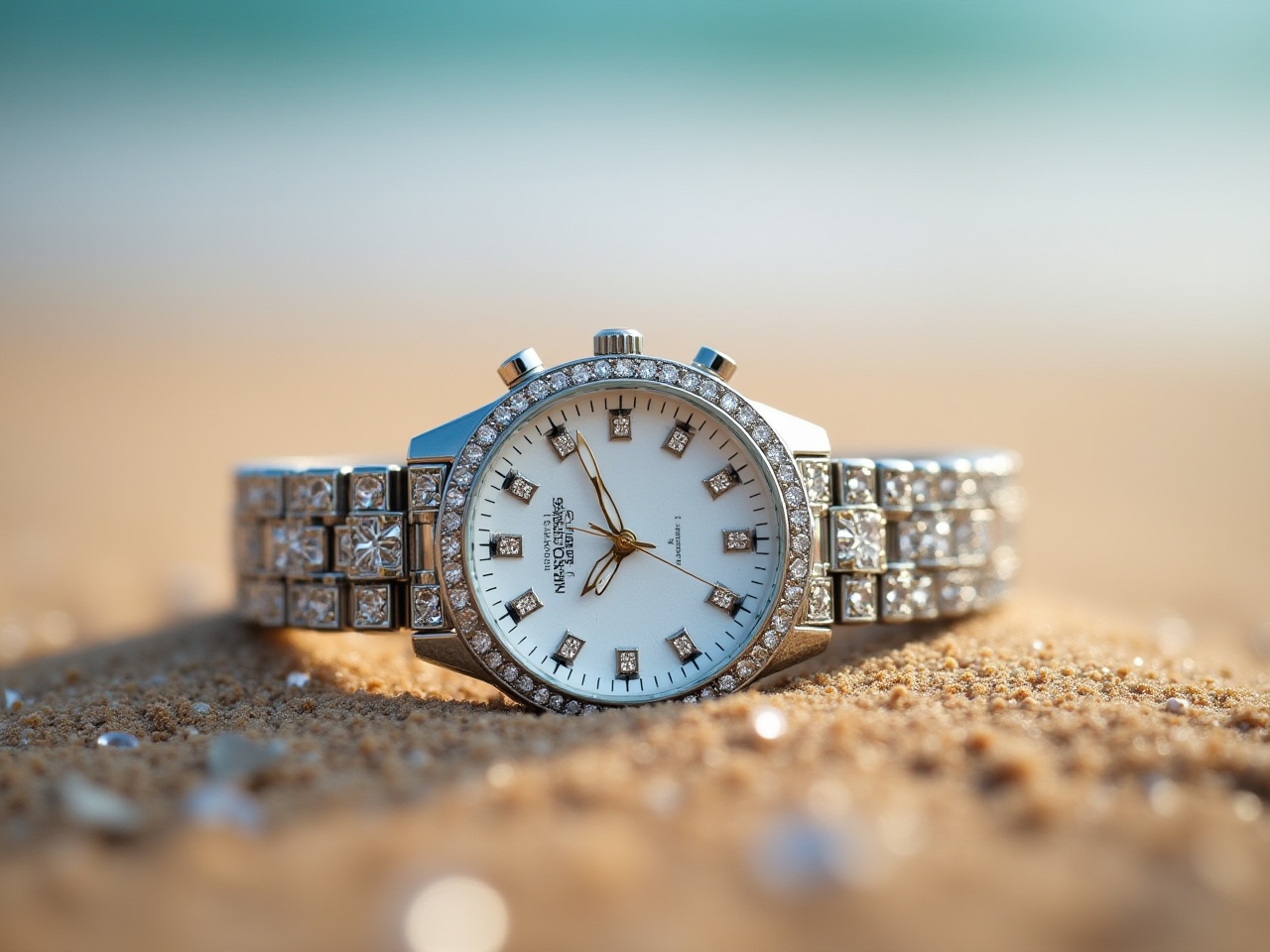 Elegant watch resting on sandy beach near ocean Elegant watch resting on sandy beach near ocean