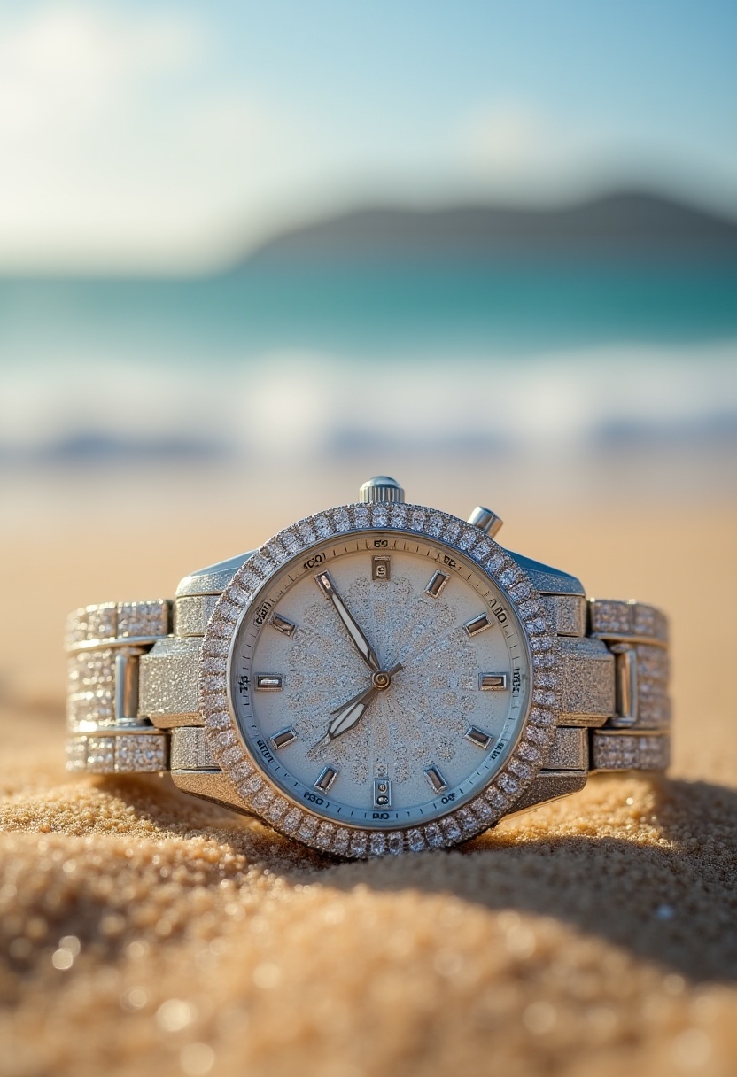 Elegant watch rests on sandy beach during sunny day Elegant watch rests on sandy beach during sunny day