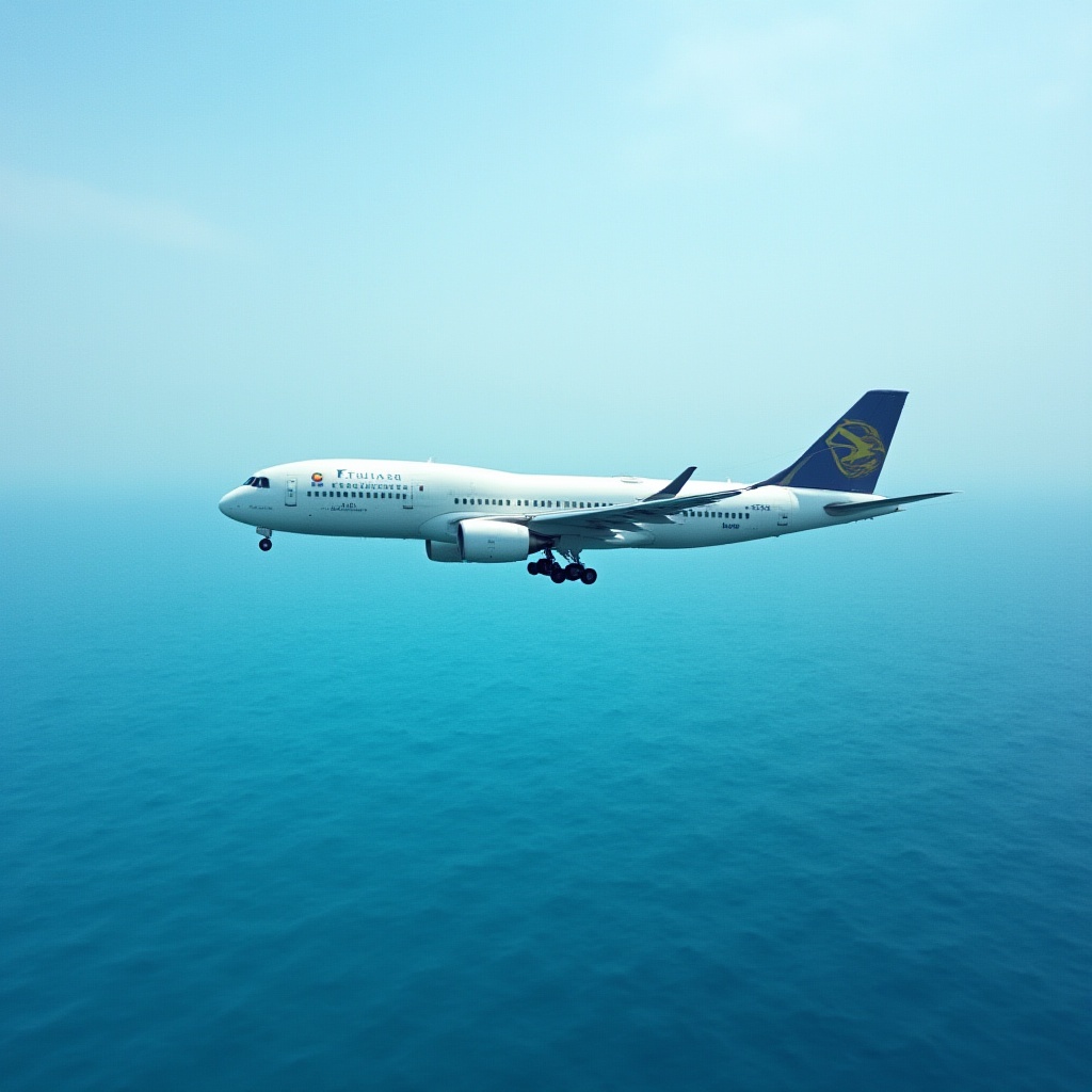 Airplane flying over clear blue ocean at midday Airplane flying over clear blue ocean at midday