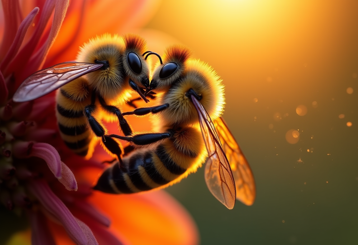 Bees pollinating a flower during sunset in a garden Bees pollinating a flower during sunset in a garden