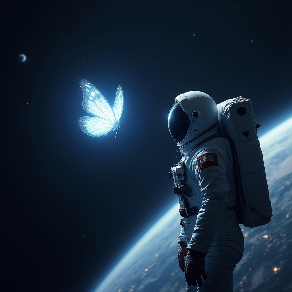 Astronaut gazing at luminous butterfly in space Astronaut gazing at luminous butterfly in space