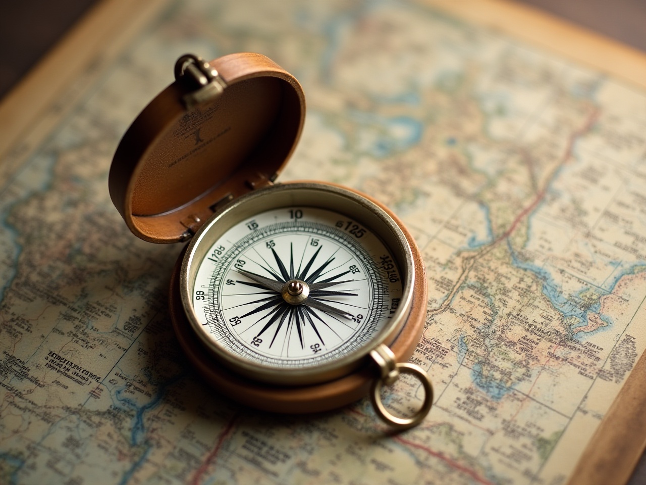 Compass resting on an antique map in a cozy setting Compass resting on an antique map in a cozy setting