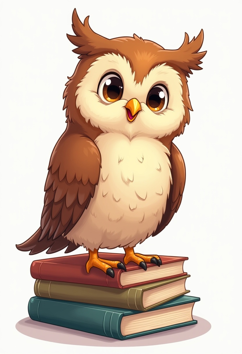 Cute cartoon owl perched on books in a cozy setting Cute cartoon owl perched on books in a cozy setting