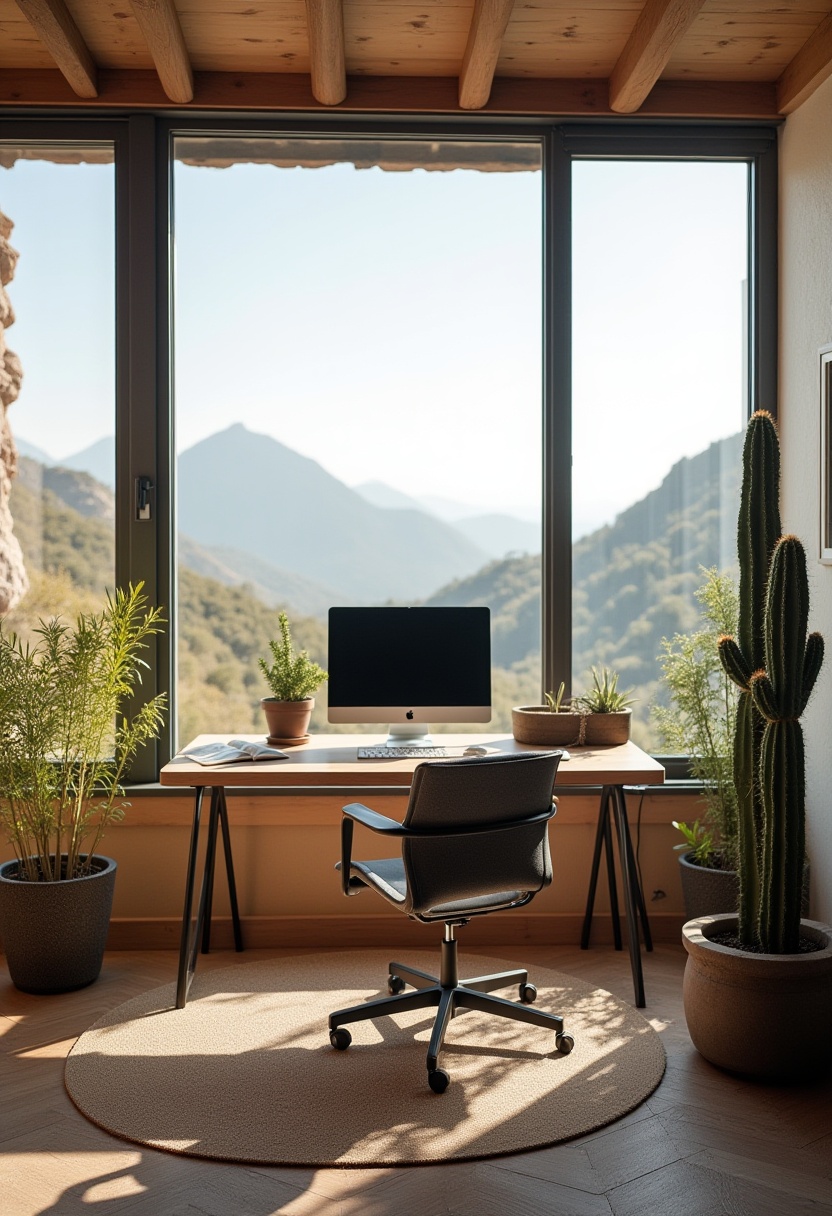 Cozy workspace with mountain view and plants Cozy workspace with mountain view and plants