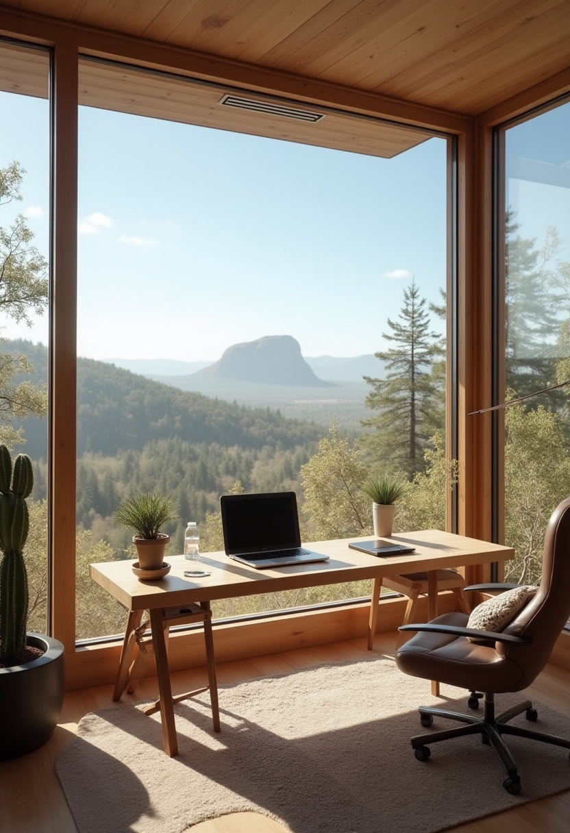 Cozy workspace with mountain view in serene setting Cozy workspace with mountain view in serene setting