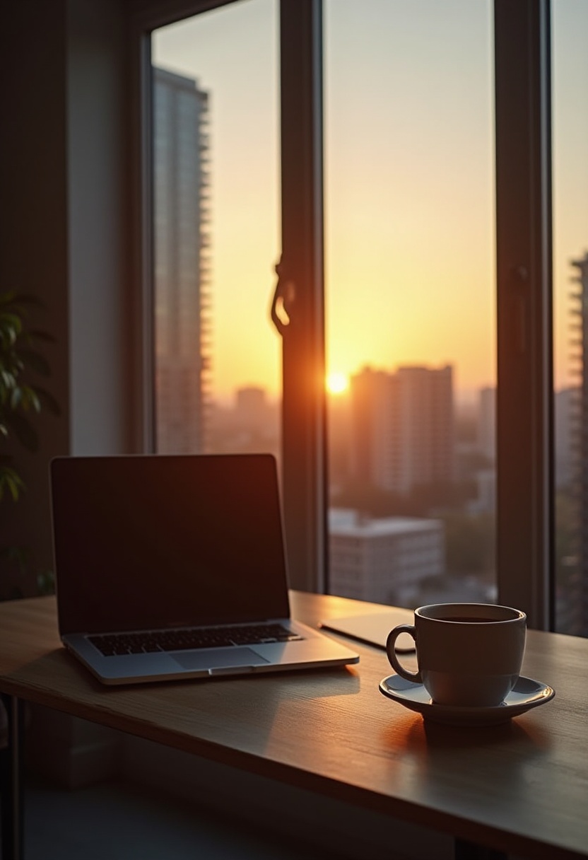 Morning workspace with laptop and coffee at sunrise Morning workspace with laptop and coffee at sunrise