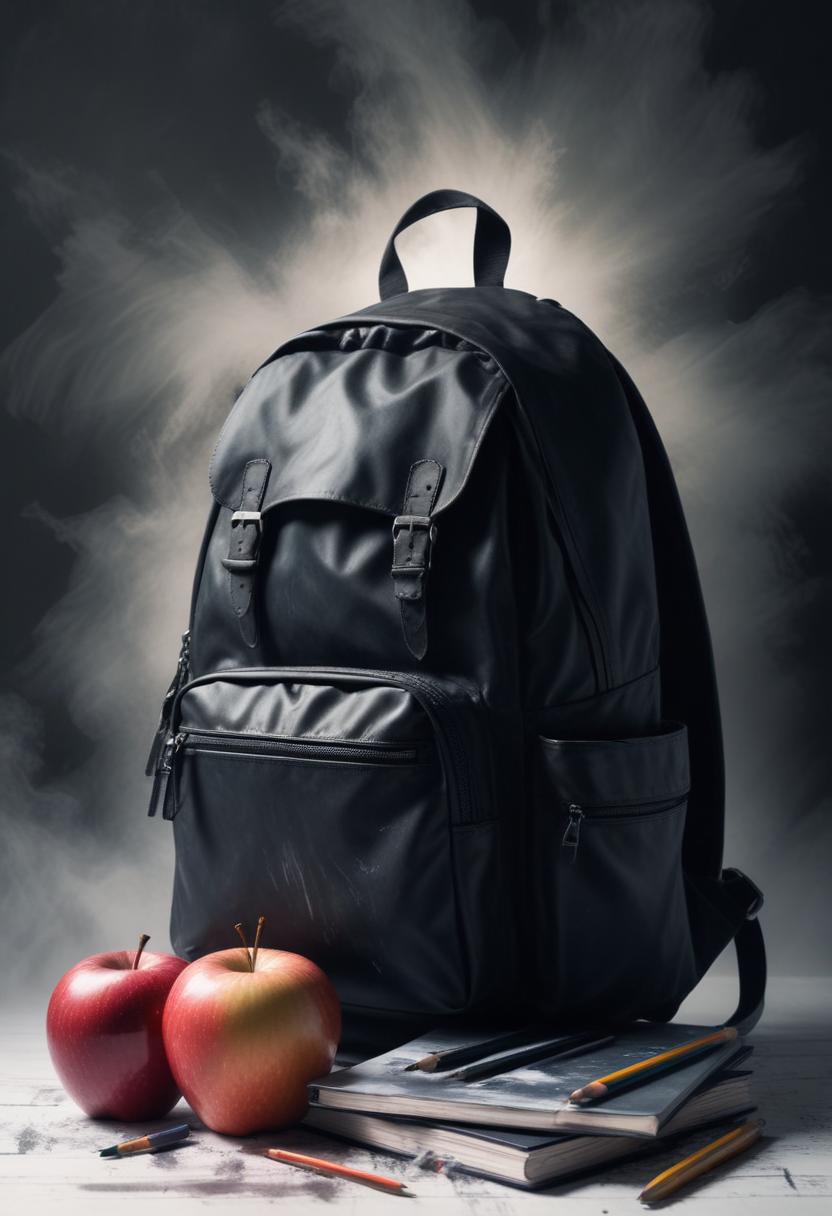 Black backpack with apples and notebooks on table Black backpack with apples and notebooks on table