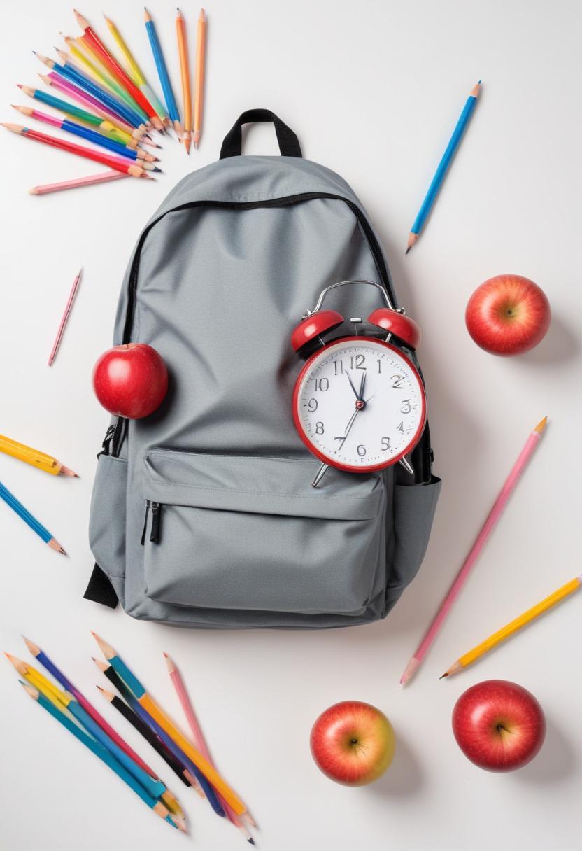 Backpack with clock and apples for school preparations Backpack with clock and apples for school preparations