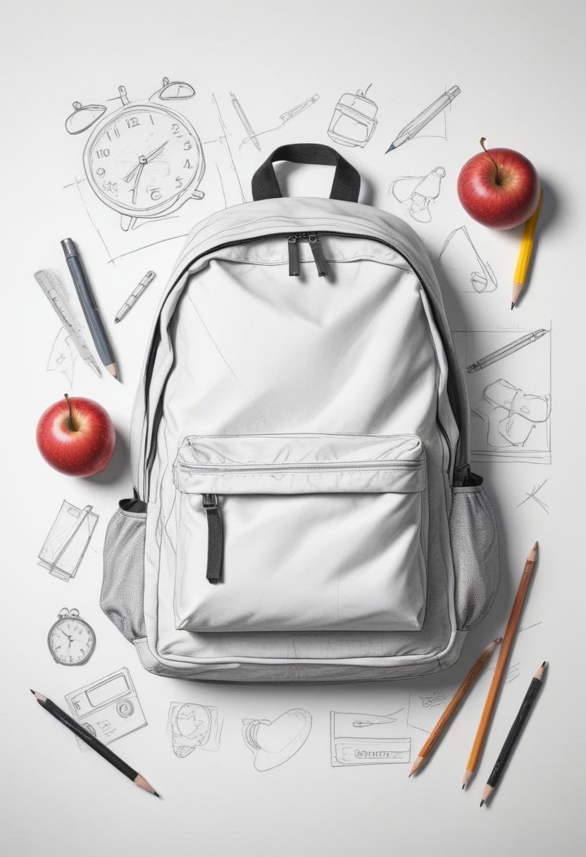 School backpack surrounded by stationery and apples School backpack surrounded by stationery and apples