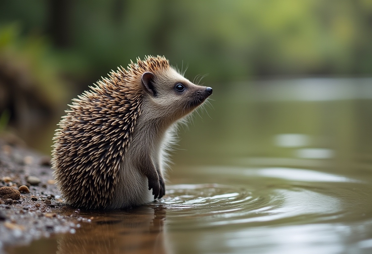 Hedgehog exploring the calm waters of a serene habitat Hedgehog exploring the calm waters of a serene habitat