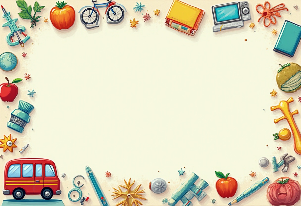 Colorful school supplies border on blank canvas