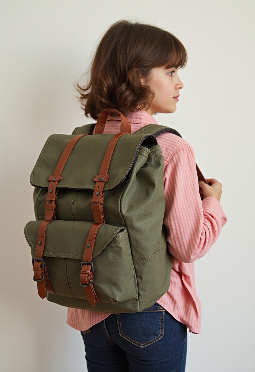 Young person carrying a stylish green backpack indoors Young person carrying a stylish green backpack indoors