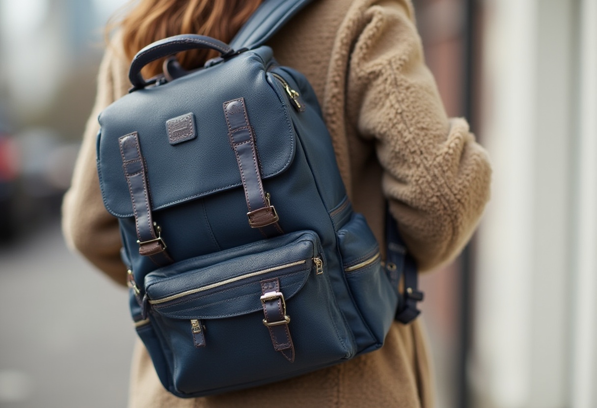 Woman carries stylish blue backpack in urban setting Woman carries stylish blue backpack in urban setting