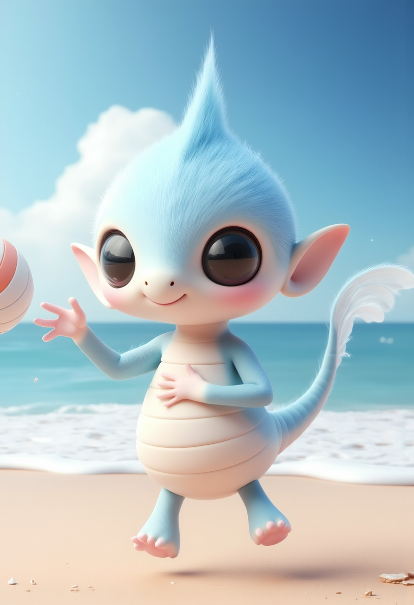 Cute blue creature plays at the beach under a sunny sky Cute blue creature plays at the beach under a sunny sky
