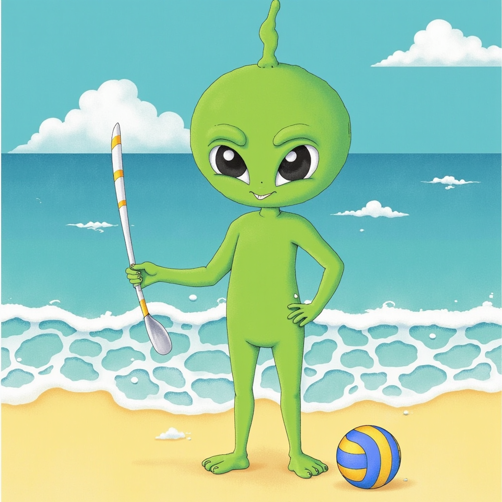 Green character enjoying a beach day with volleyball Green character enjoying a beach day with volleyball
