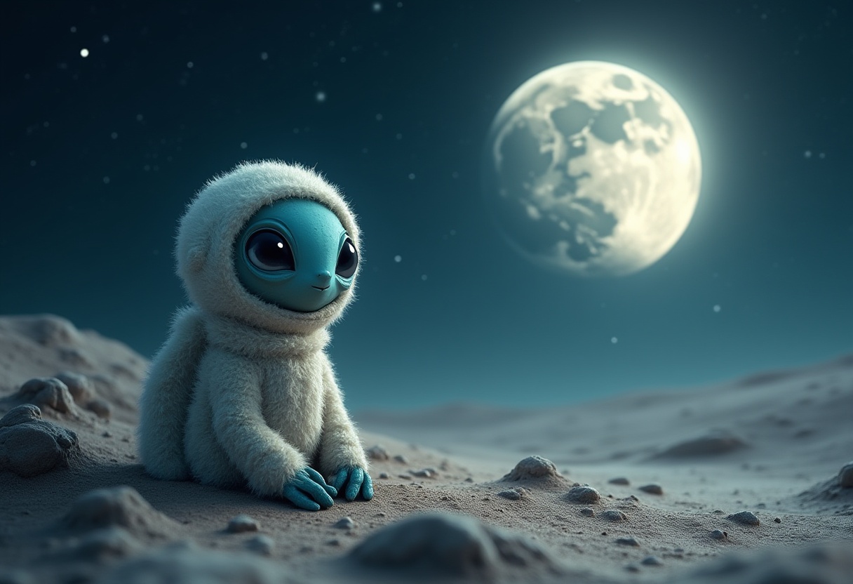 Cute creature explores moon under bright full moonlight Cute creature explores moon under bright full moonlight