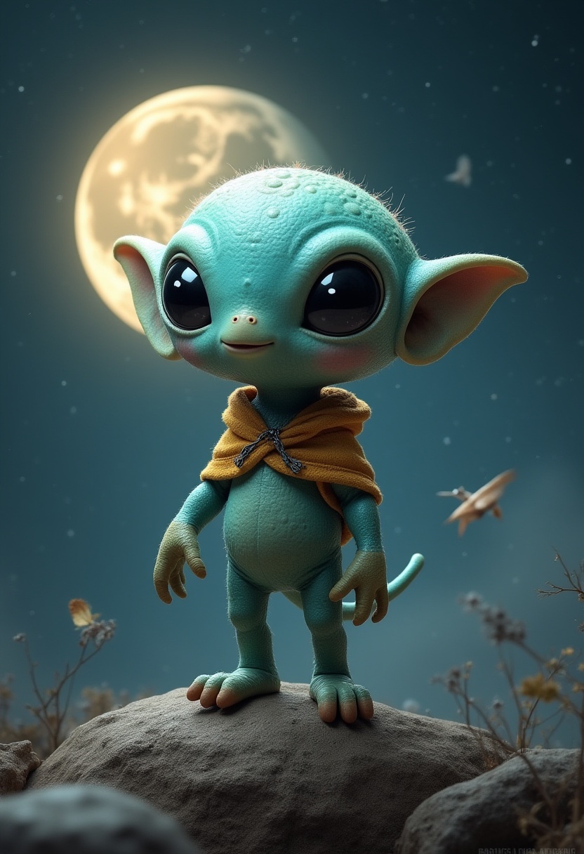 Small alien figure stands under a bright moonlit sky Small alien figure stands under a bright moonlit sky