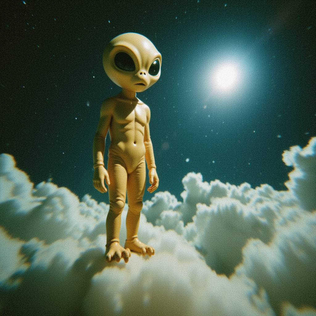 Alien figure stands on clouds under a bright moonlight Alien figure stands on clouds under a bright moonlight
