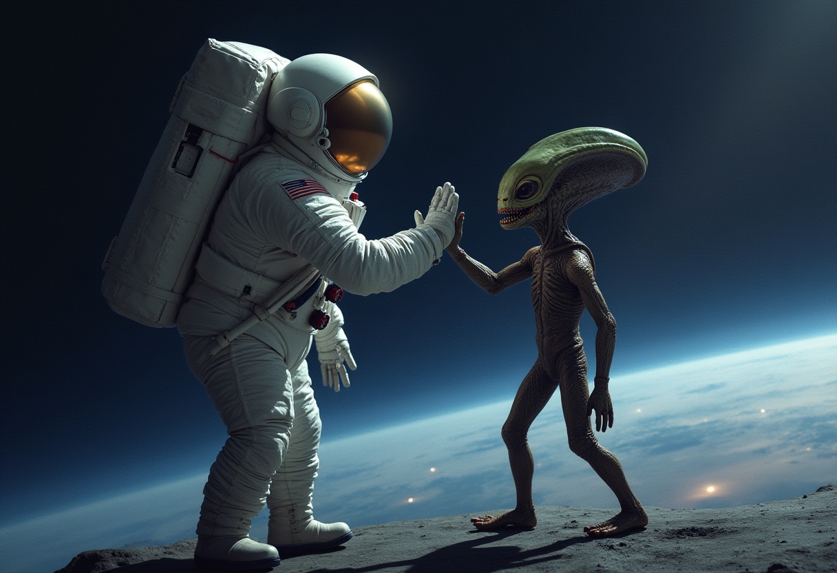Astronaut encounters alien on lunar surface Astronaut encounters alien on lunar surface