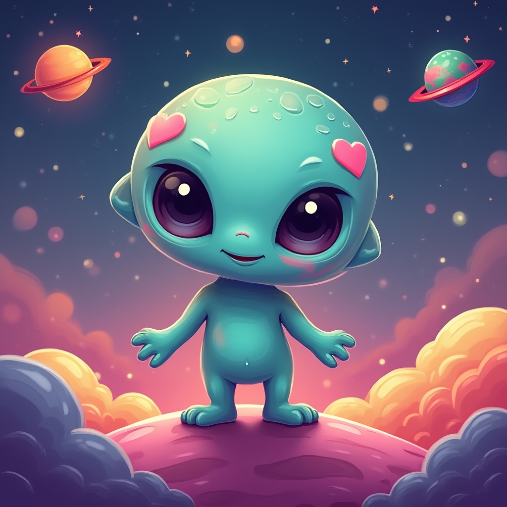 Alien character on a colorful cloud planet Alien character on a colorful cloud planet
