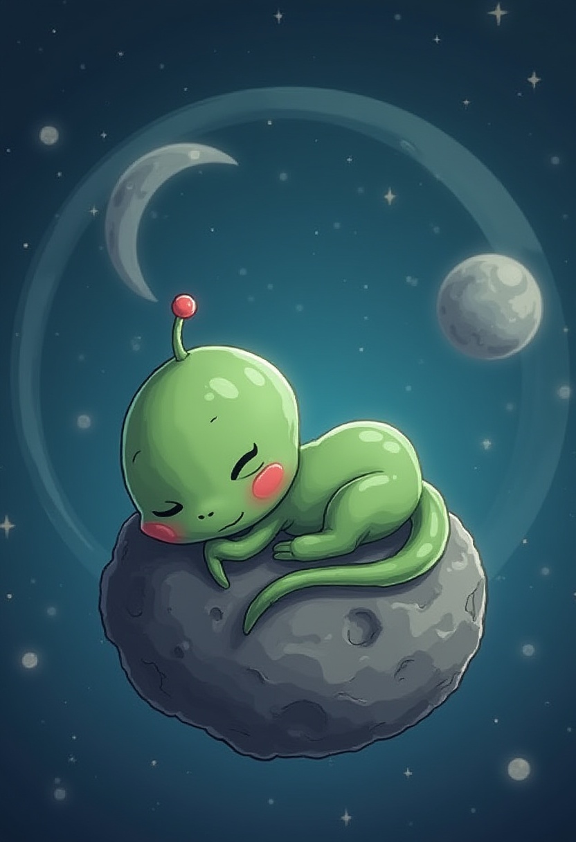 Cute alien resting on a moon in outer space Cute alien resting on a moon in outer space