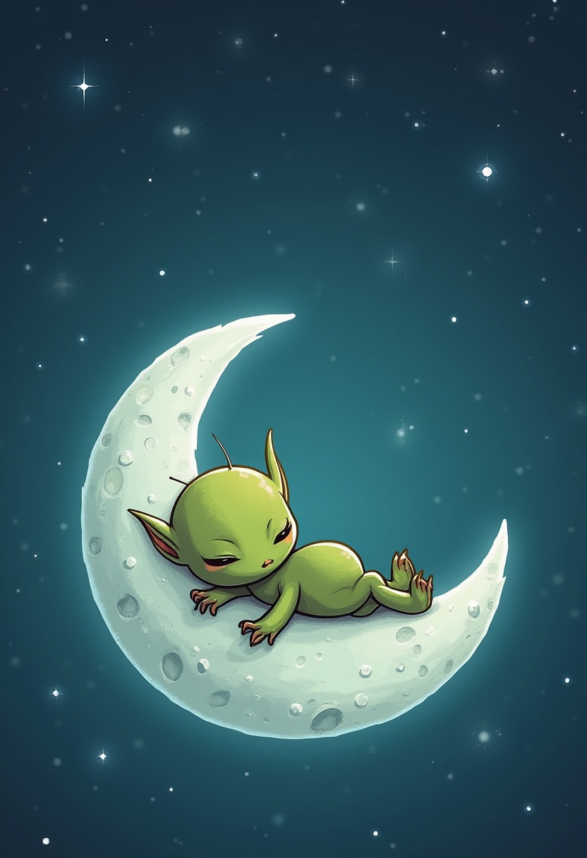 Small creature sleeping peacefully on crescent moon Small creature sleeping peacefully on crescent moon