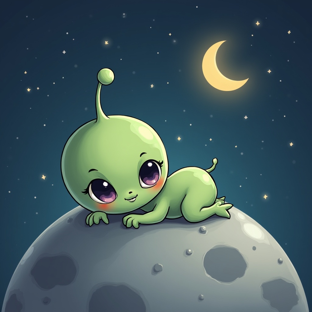 Cute alien character resting on the moon at night Cute alien character resting on the moon at night