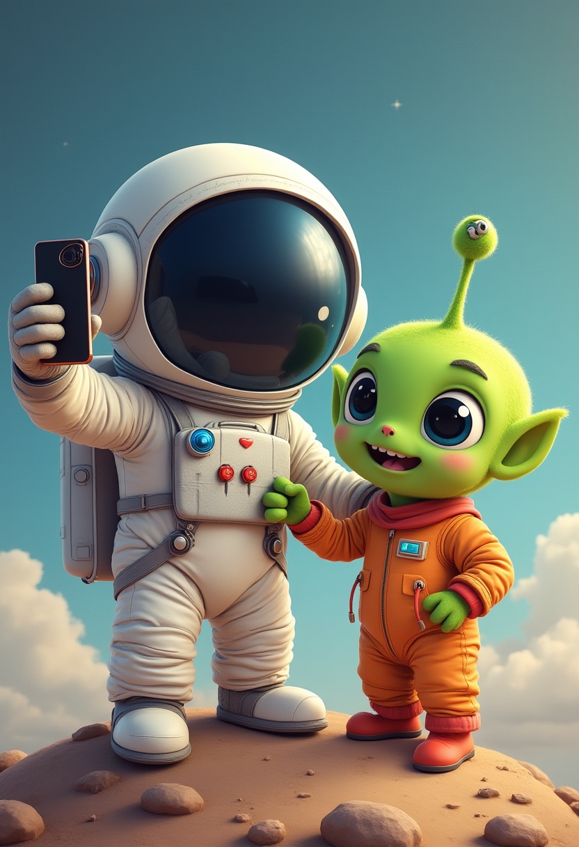 Cute alien and astronaut take a selfie on another planet Cute alien and astronaut take a selfie on another planet