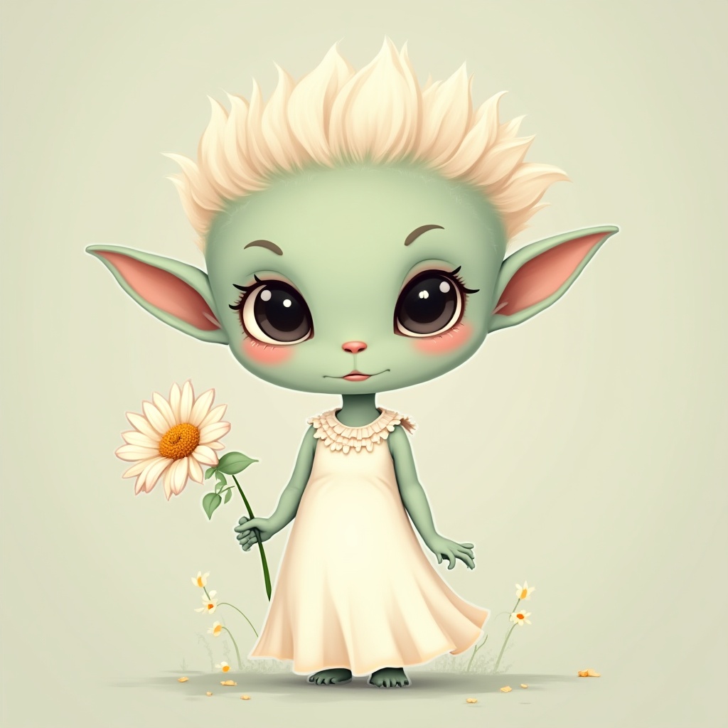Cute fantasy character holding a flower in a simple dress Cute fantasy character holding a flower in a simple dress