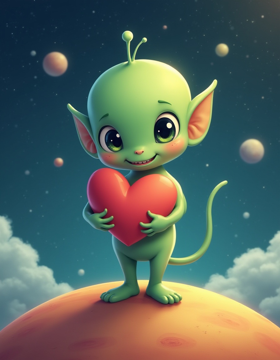 Cute green alien character holding a heart on a planet Cute green alien character holding a heart on a planet