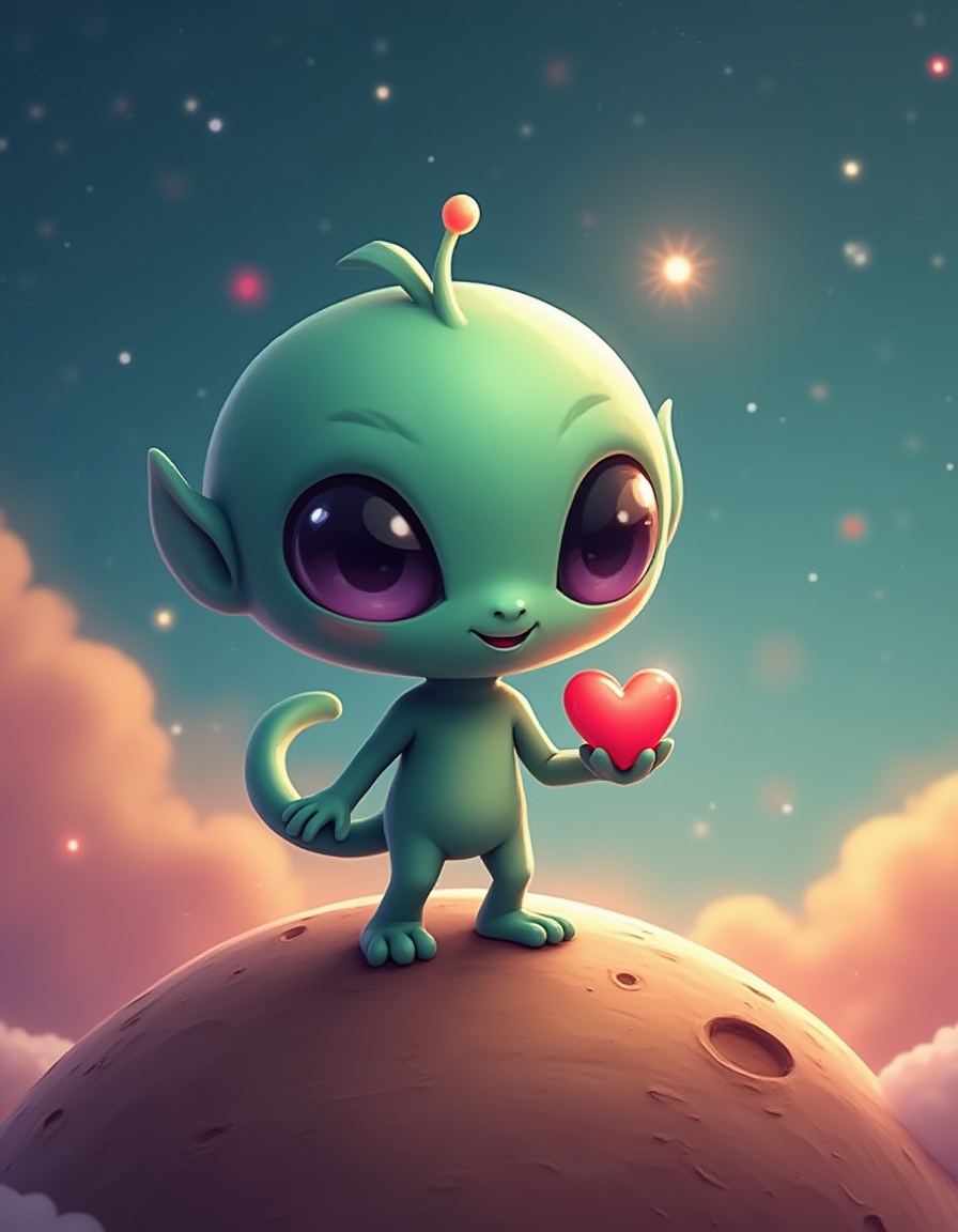 Adorable alien with a heart in a quirky space scene Adorable alien with a heart in a quirky space scene